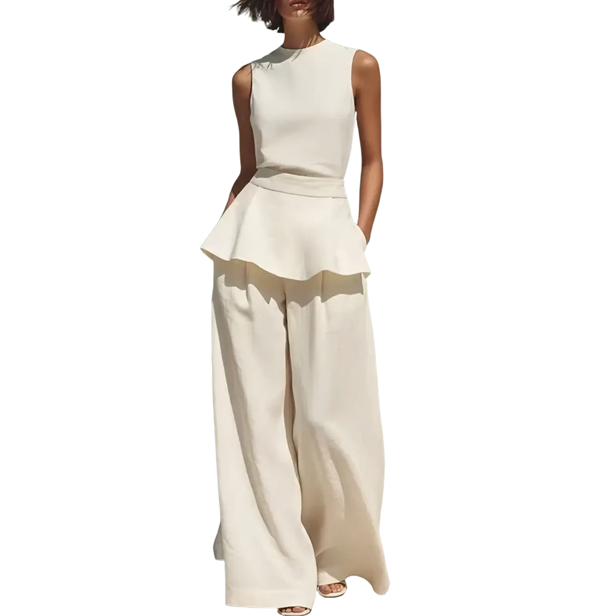 Women two piece peplum set with off-white sleeveless top and wide leg trousers in flowing fabric