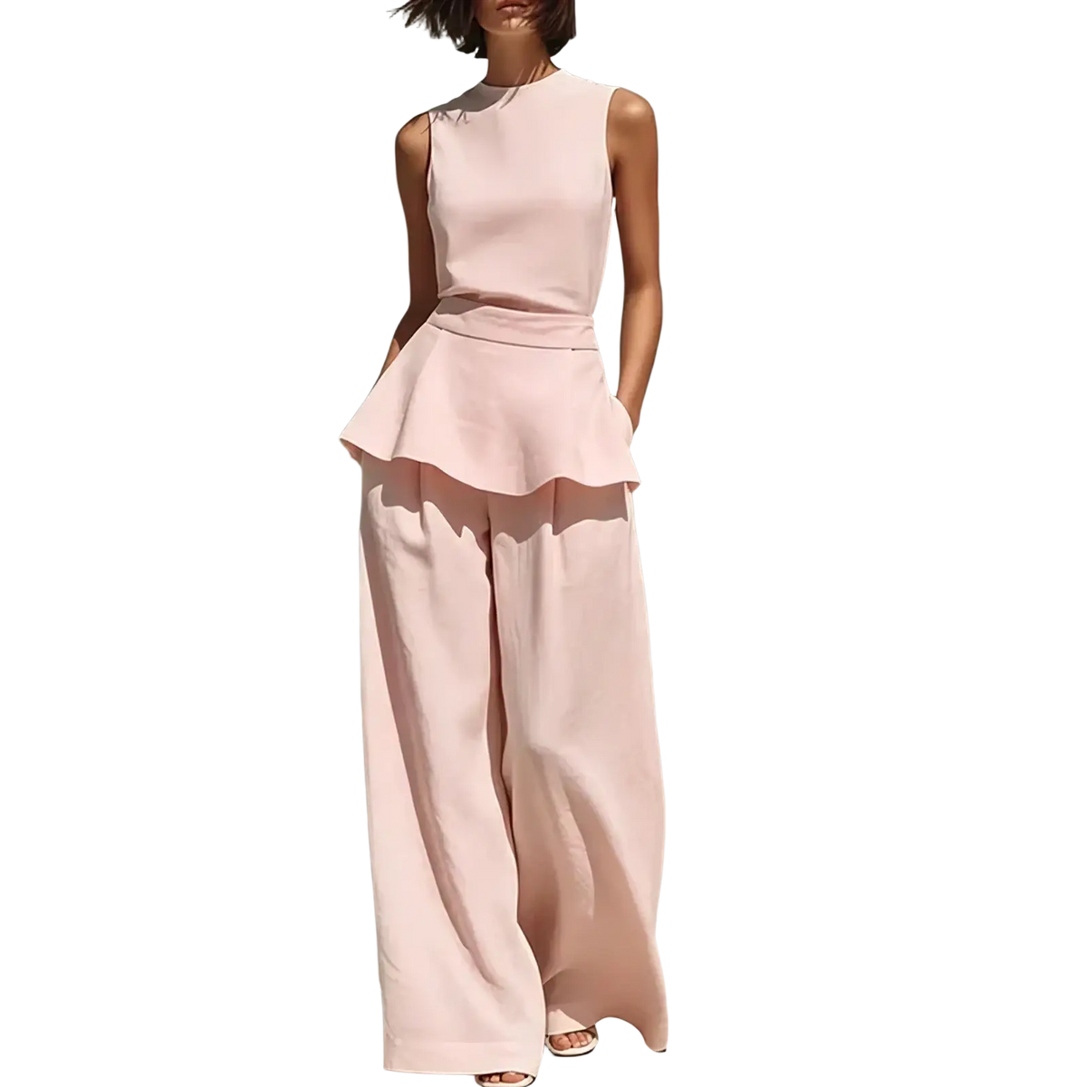 A soft pink women two piece peplum set with high neckline sleeveless top and wide leg pants in lightweight fabric