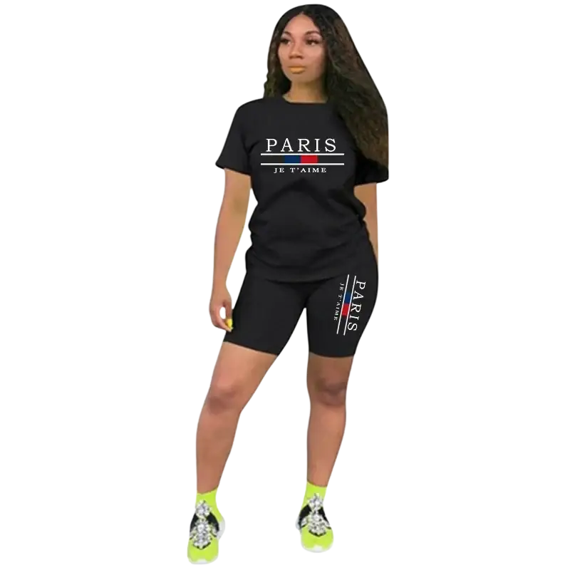 Women two piece tracksuit pullover closure shorts set in black with white text and red blue stripes for athletic wear