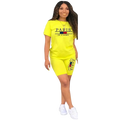 Bright yellow women two piece tracksuit with pullover closure type shorts set featuring paris je taime print and stripes