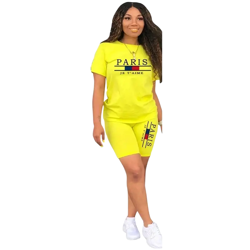 Bright yellow women two piece tracksuit with pullover closure type shorts set featuring paris je taime print and stripes