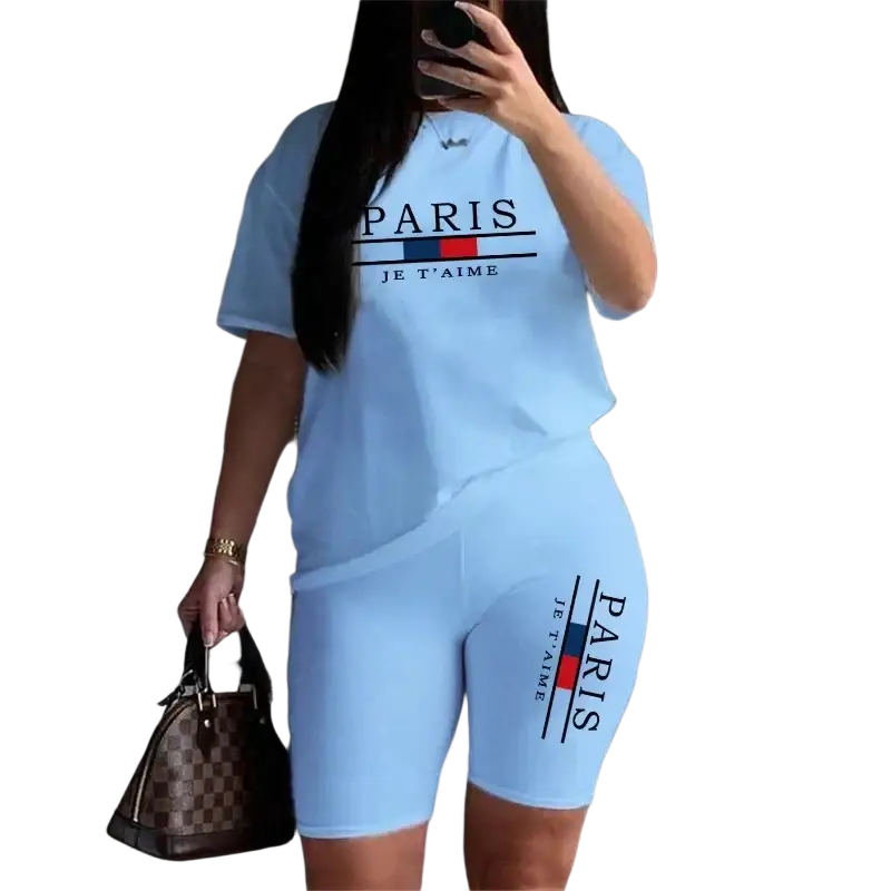 Women two piece light blue tracksuit with pullover closure type featuring paris je t aime print on top and shorts