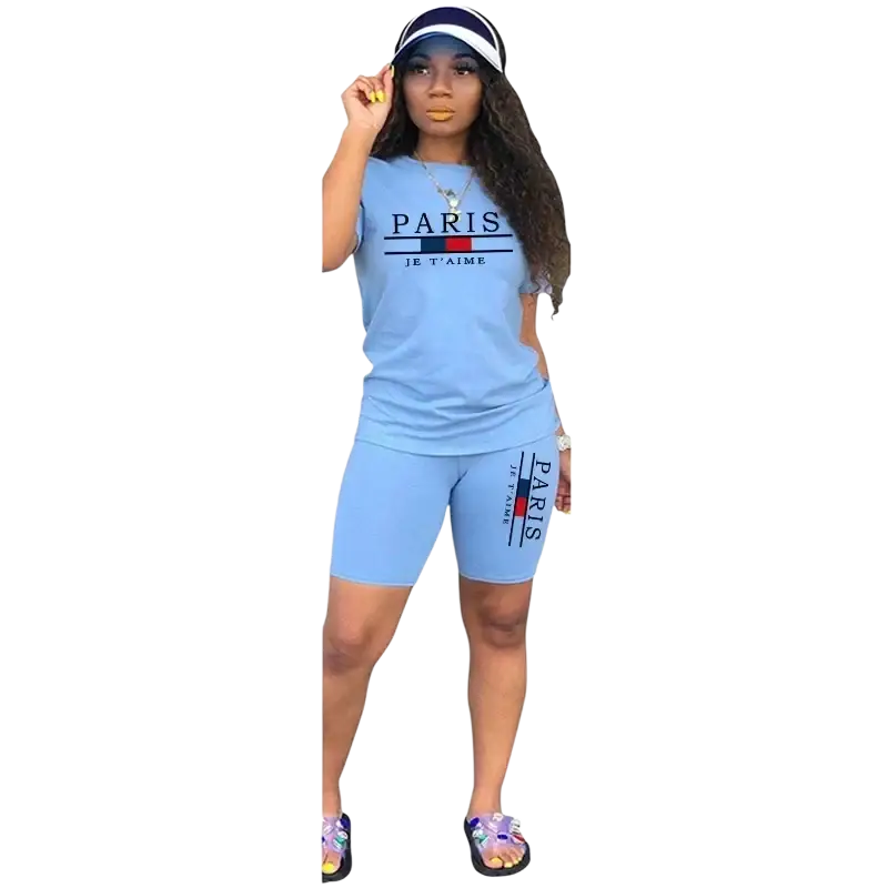Light blue women two piece tracksuit with pullover closure and paris je t’aime graphic design shorts set