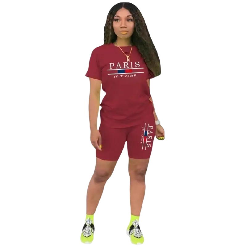 Maroon women two piece tracksuit pullover closure shorts set with french flag stripe detailing and paris je taime print