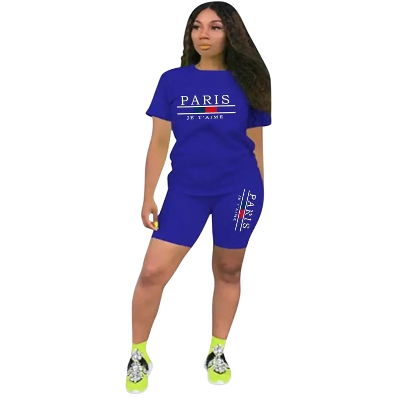 Vibrant royal blue women two piece tracksuit pullover closure shorts set with paris je t’aime text and french stripes