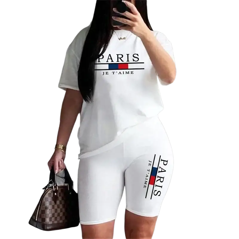 White paris je t’aime two piece tracksuit with pullover closure t-shirt and matching biker shorts set