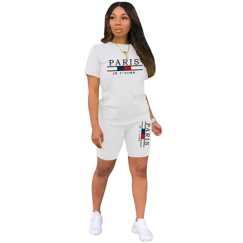 White women two piece tracksuit pullover closure shorts set with paris je t’aime print and french flag logo design