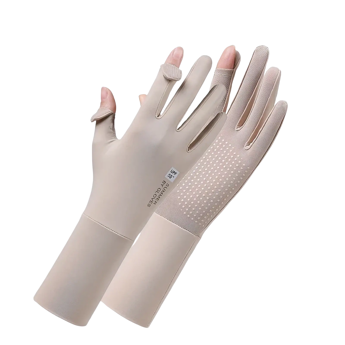 Beige women uv protection cycling fingerless gloves showing back with textured grip and reinforced fingertips
