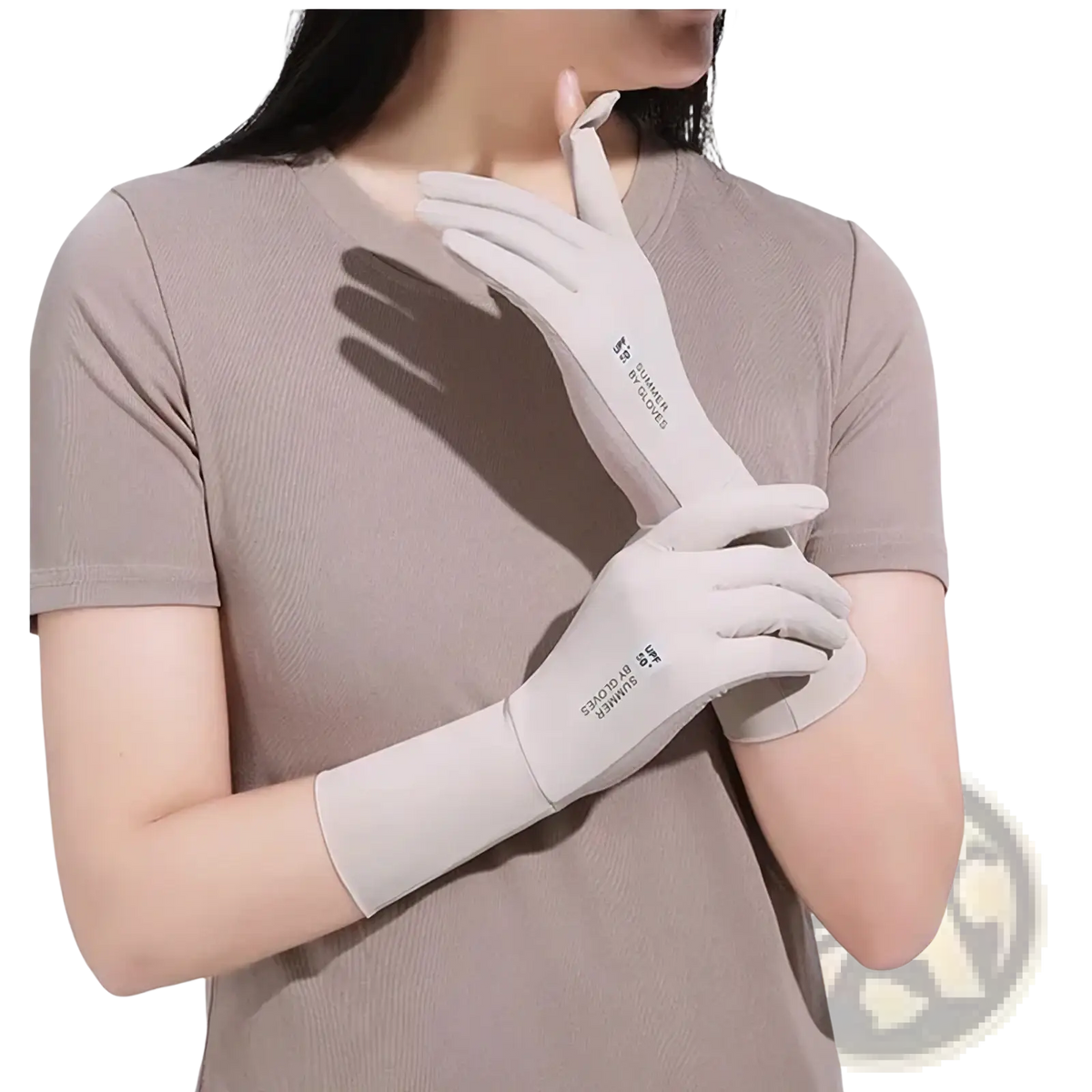 Beige women uv protection cycling gloves with long sleeves smooth lightweight fabric and subtle wrist branding back view