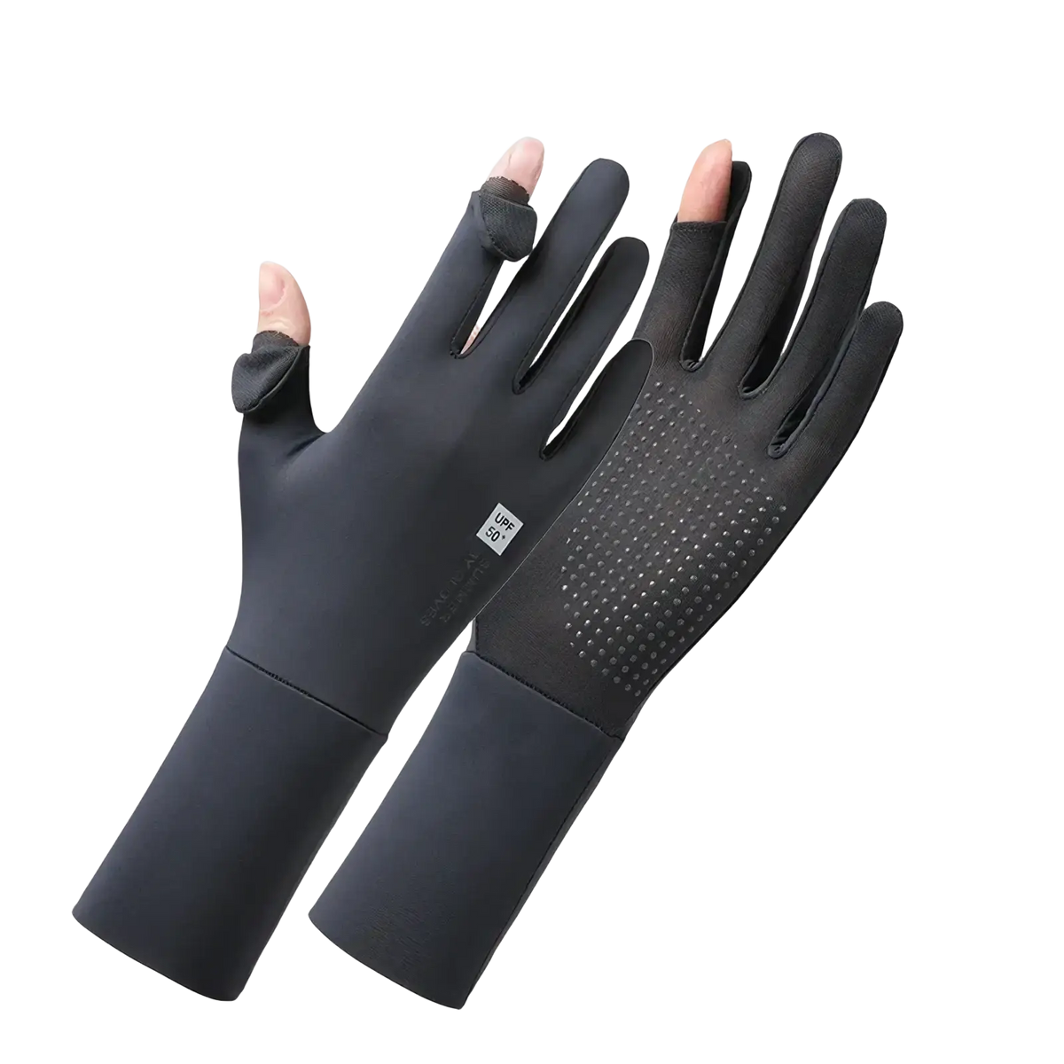 Black women uv protection cycling gloves with fingerless design textured grip and upf 50 plus sun protection label