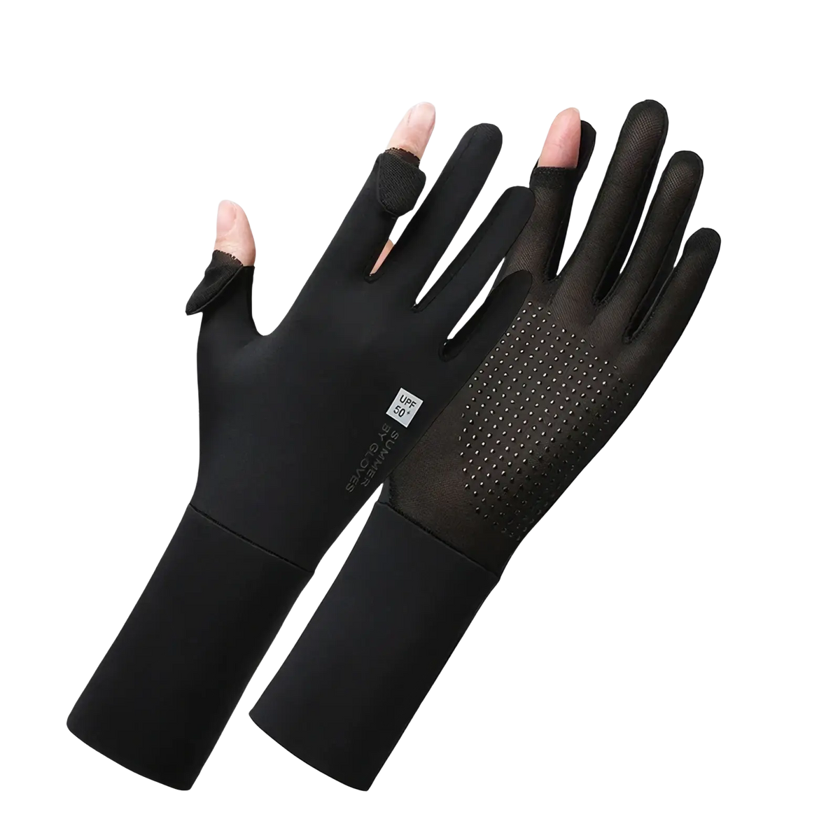 Black women UV protection cycling gloves with fingerless design breathable mesh and textured palm grip shown from back side
