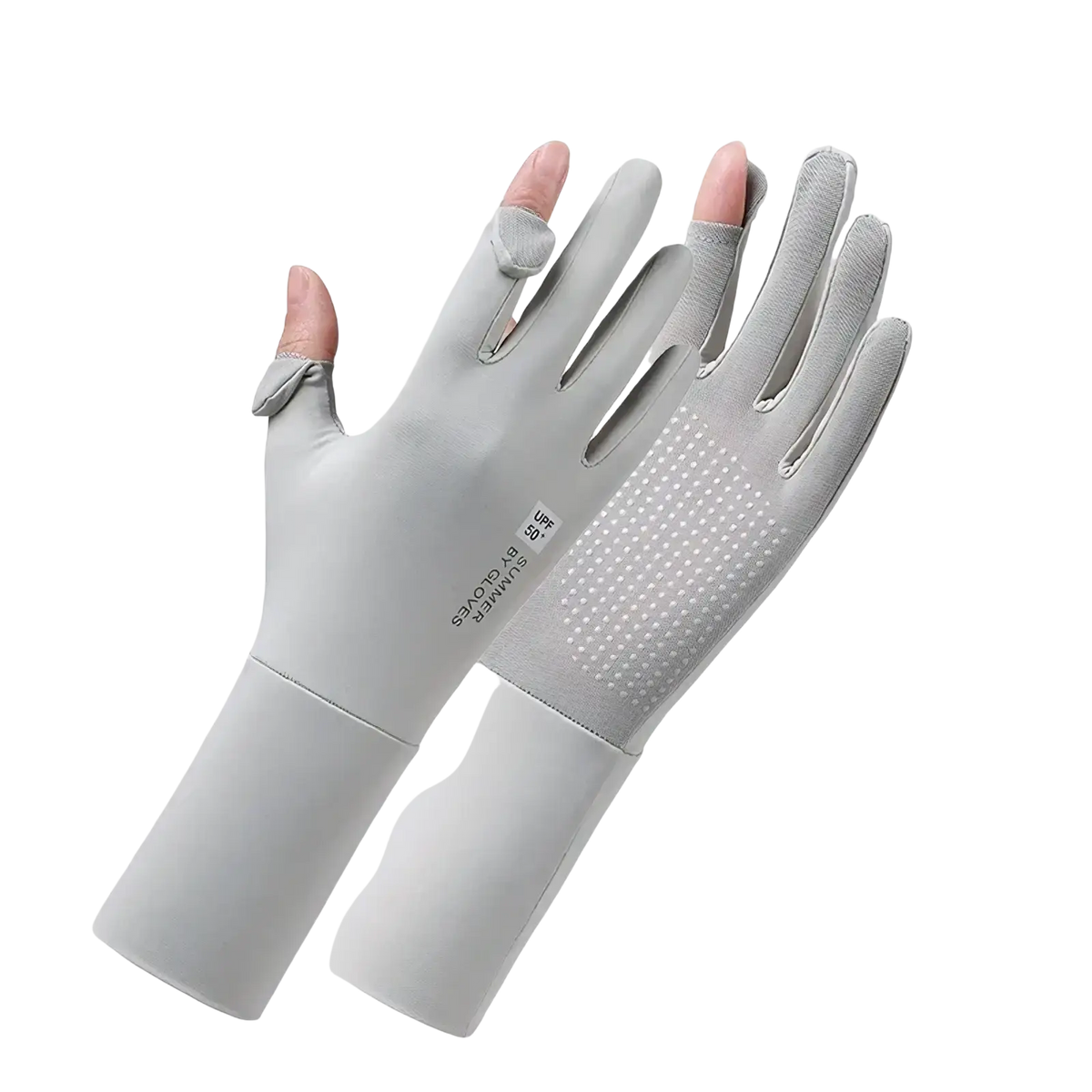 Light gray women uv protection cycling gloves with fingerless design, textured grip patch, and adjustable wrist strap