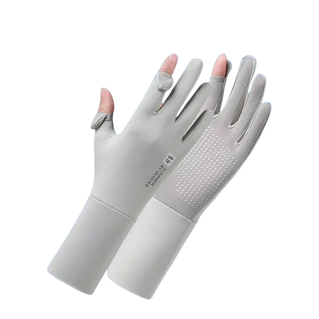 Light gray women UV protection cycling gloves with fingerless design, textured grip palm, and adjustable wrist straps
