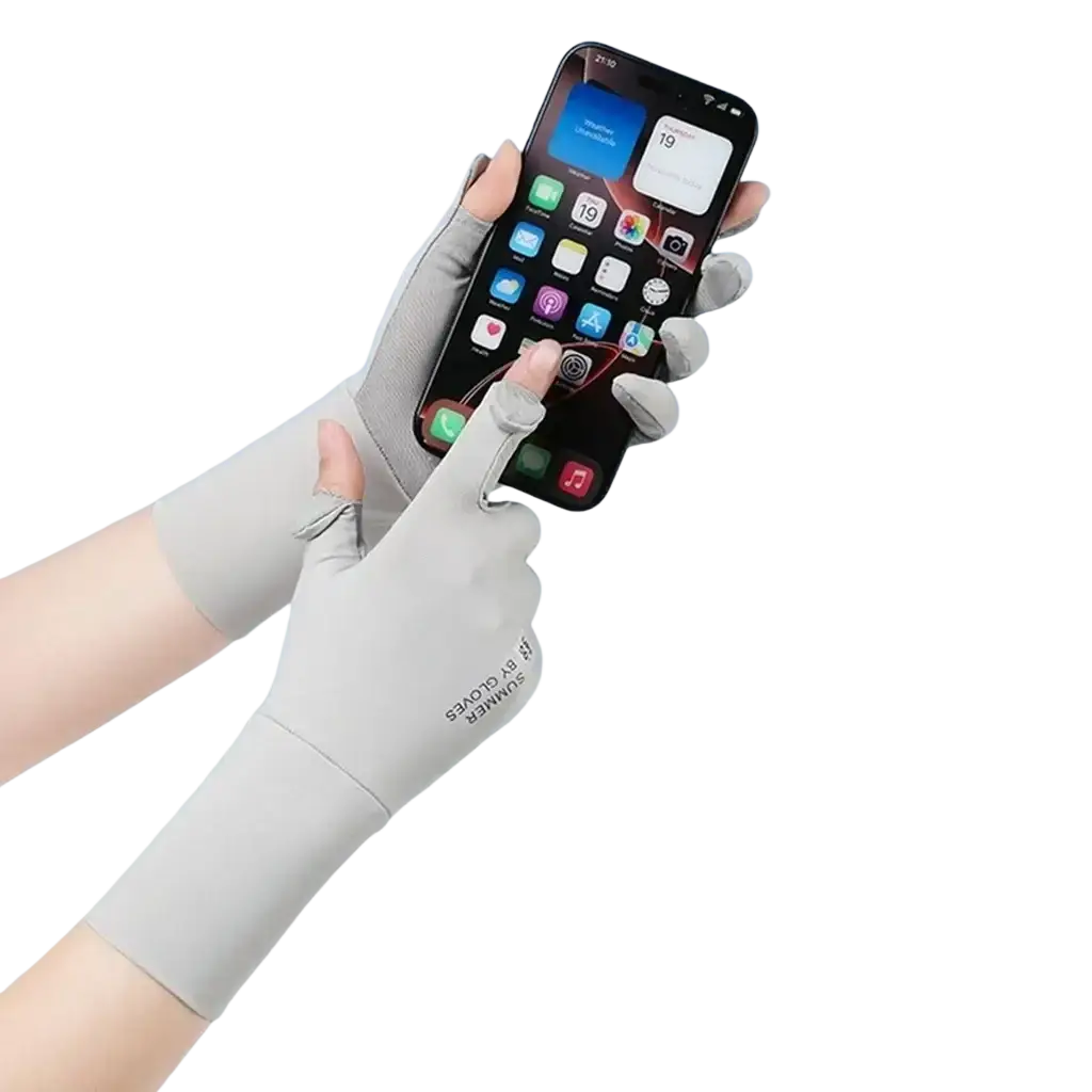 Light gray women uv protection cycling gloves with fingerless sleek breathable fabric and subtle wrist branding visible