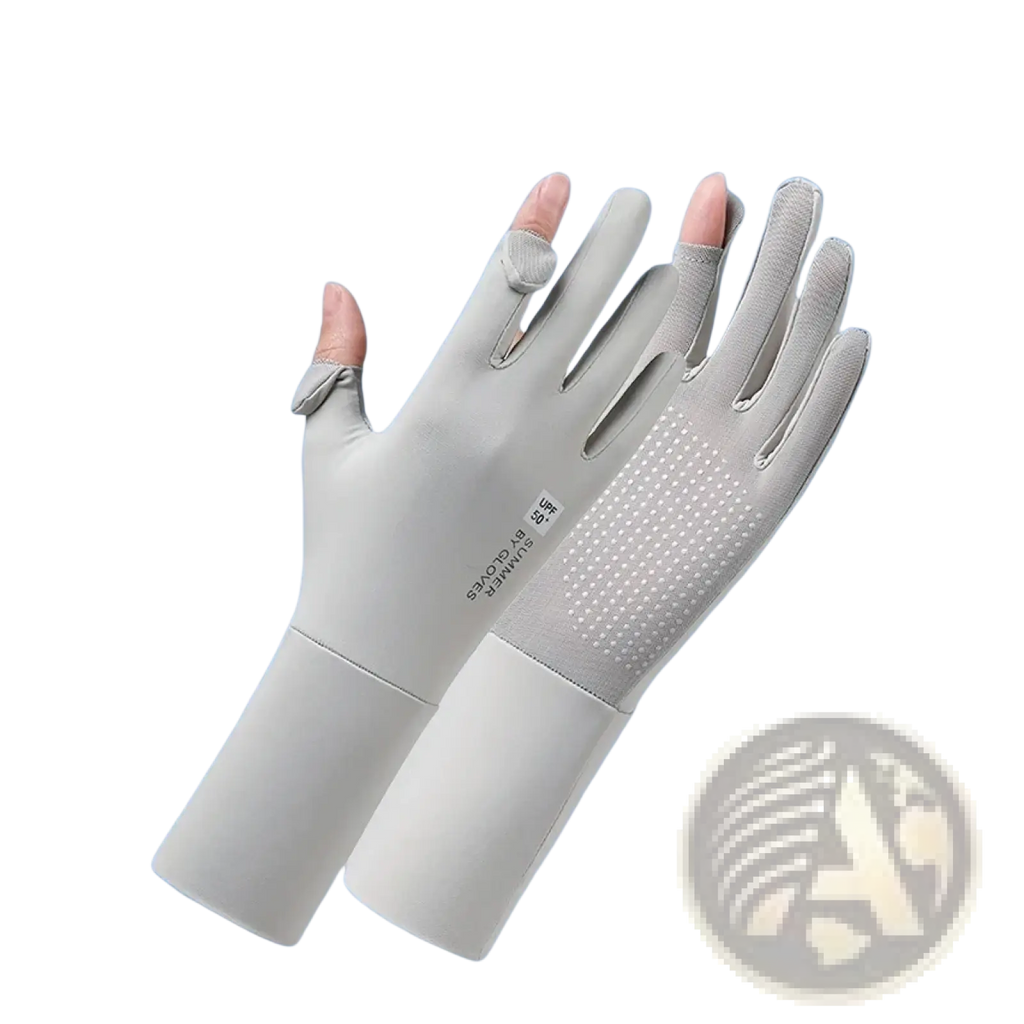 Light gray women UV protection cycling gloves with fingerless design, textured grip palm, and adjustable wrist straps