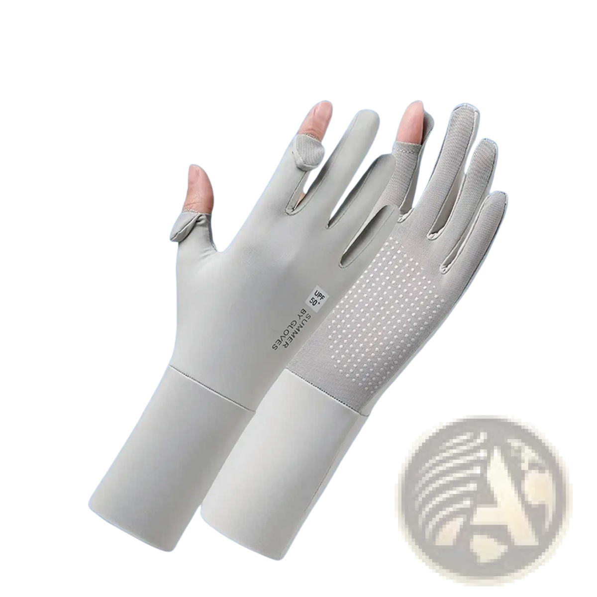 Light gray women UV protection cycling gloves with fingerless design, textured grip palm, and adjustable wrist straps