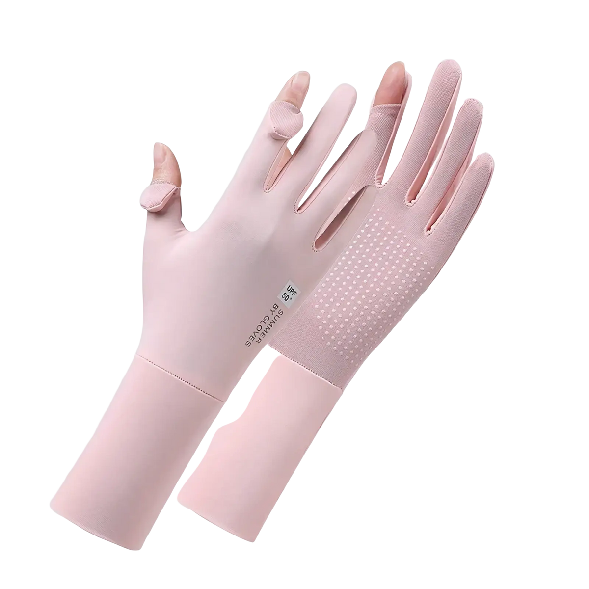 Women uv protection cycling gloves in pink with breathable mesh and touchscreen fingertip design shown from the back side