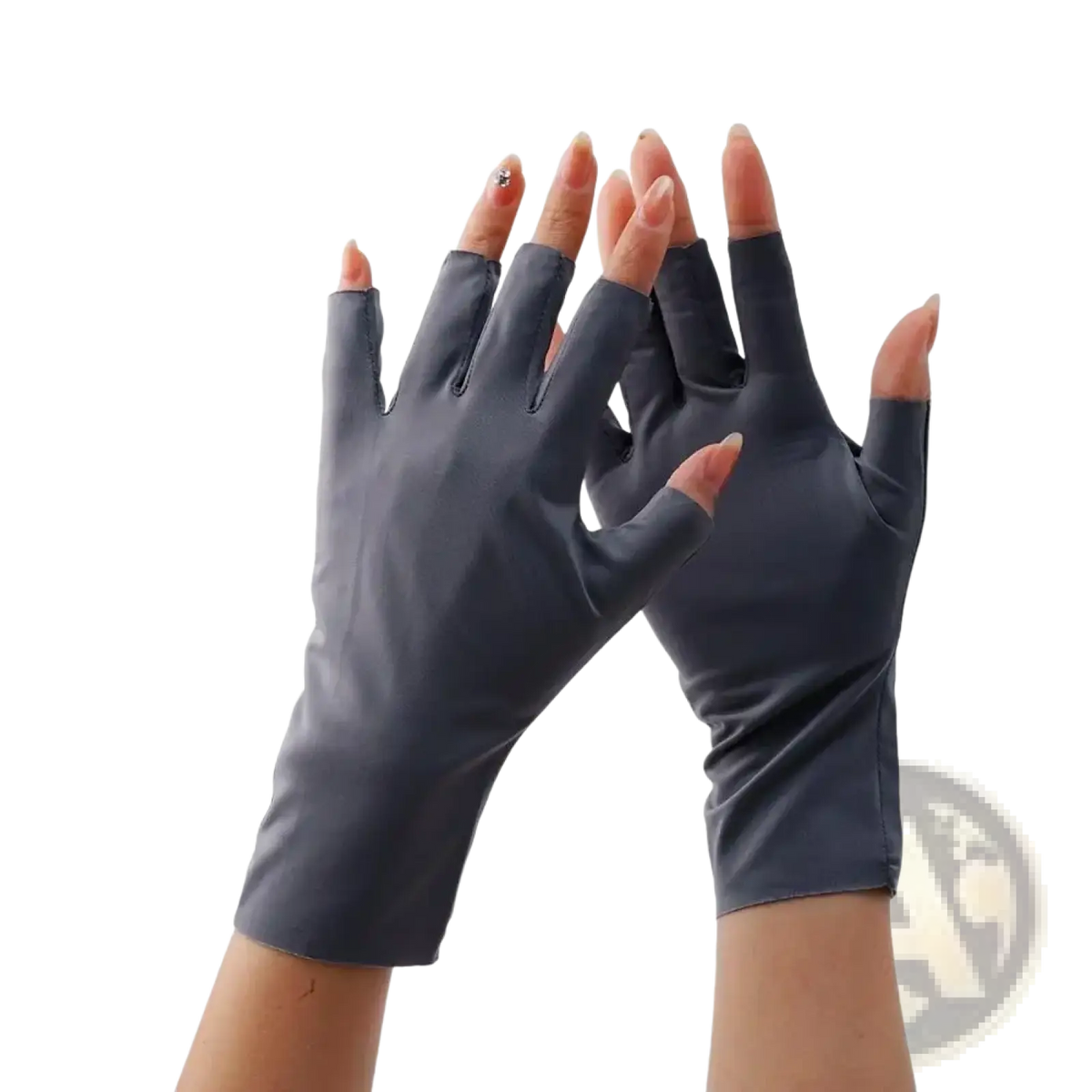 Dark gray women uv protection sunscreen fingerless driving gloves in smooth stretchy fabric showing back side