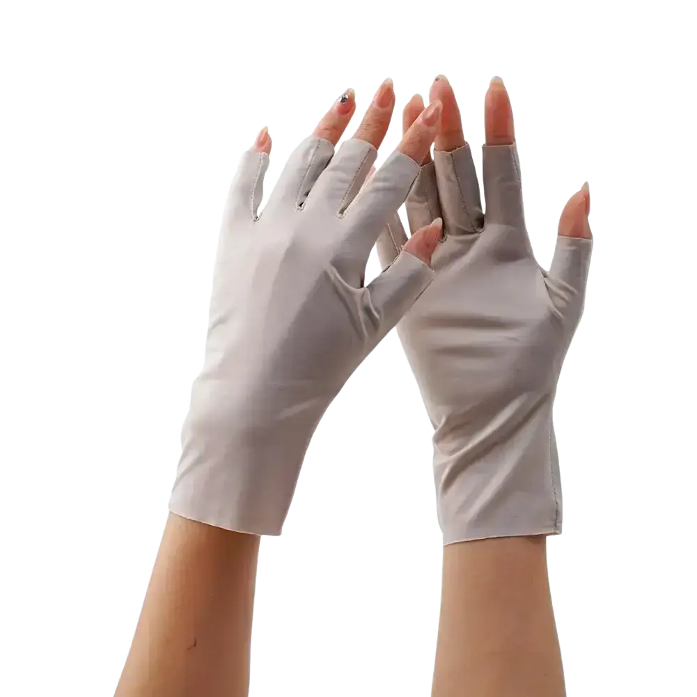Light gray women uv protection driving gloves made of smooth stretchy fabric with fingerless design for sun protection