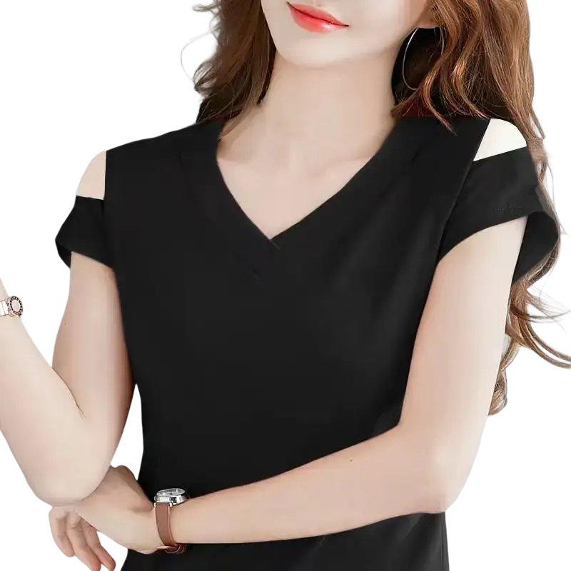 Women v-neck cold shoulder short sleeve tee in black with white shoulder cutouts made from soft breathable fabric