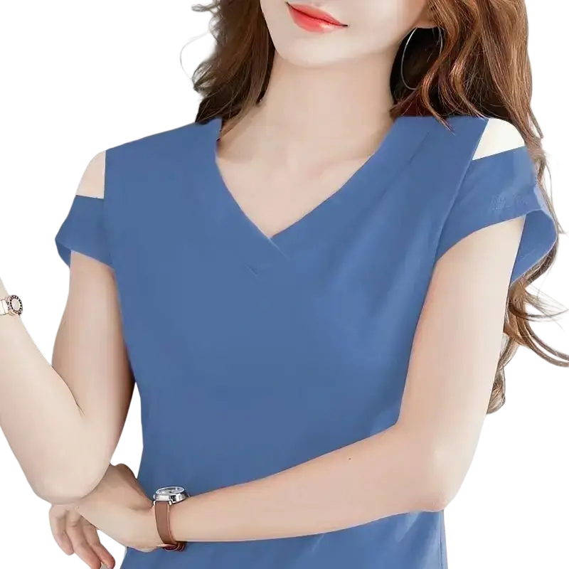 Women v-neck cold shoulder short sleeve tee in blue with white shoulder cutouts, made of soft breathable fabric