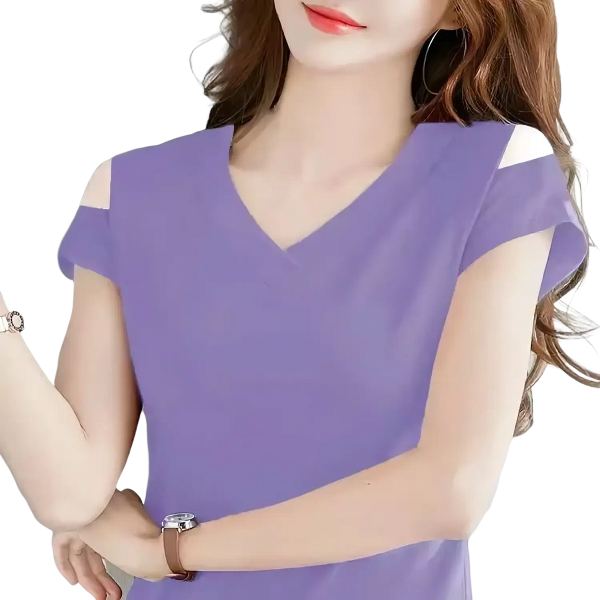 Women v-neck cold shoulder short sleeve tee in lavender sheer fabric with white shoulder cutouts