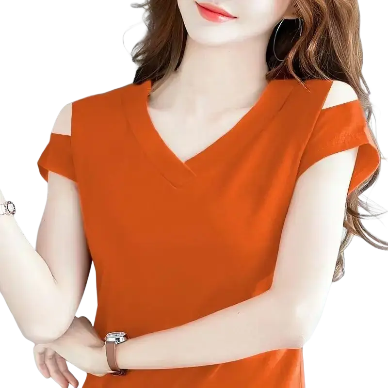 Women v-neck cold shoulder short sleeve tee in orange featuring cut-out shoulder details for casual wear