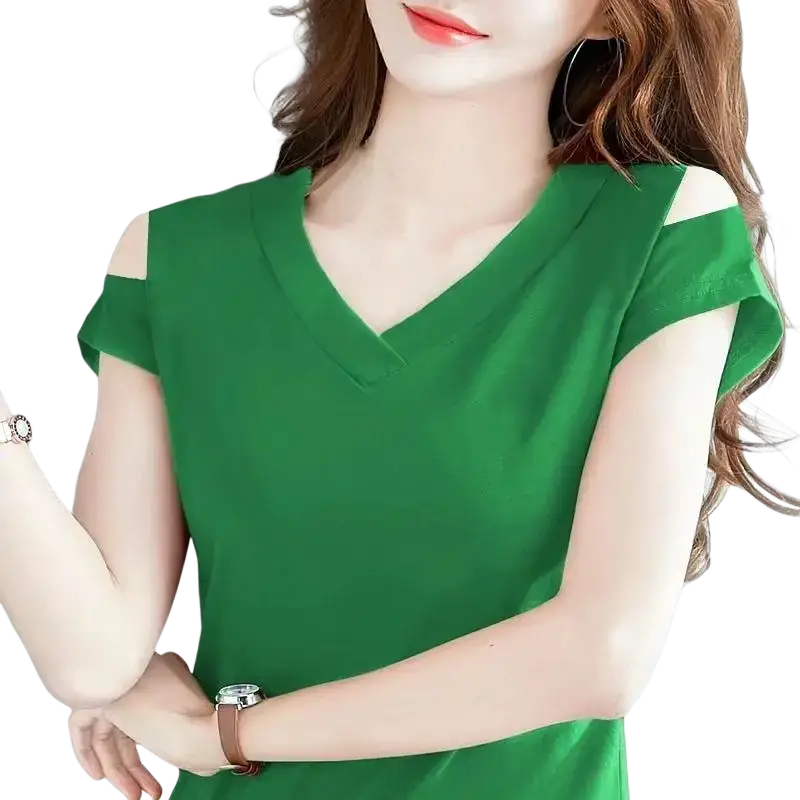 A vibrant green women v-neck cold shoulder short sleeve tee with sleeveless design and cut-out shoulder details