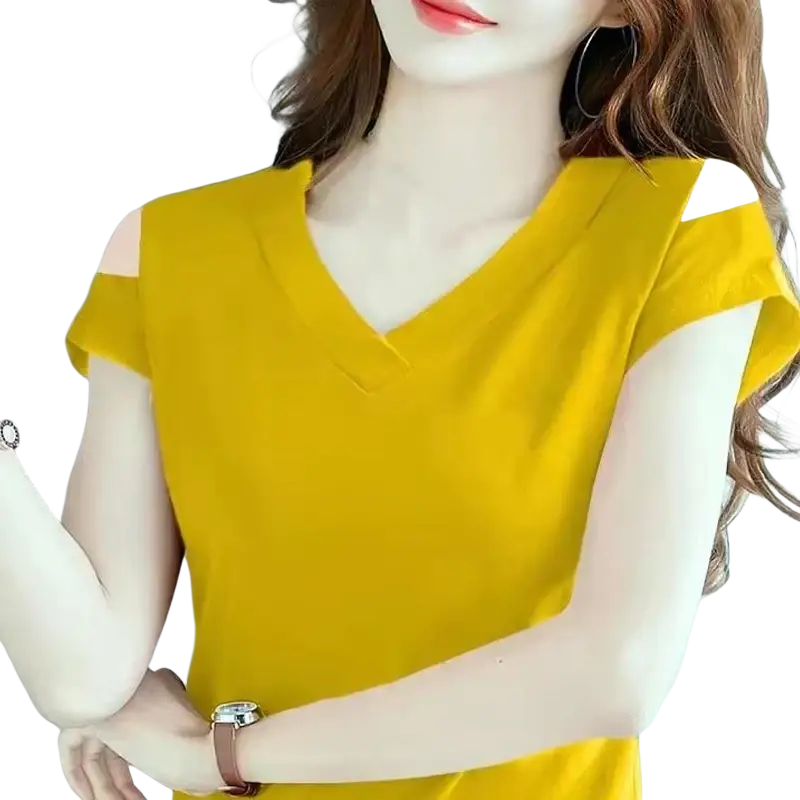 A vibrant yellow women v-neck cold shoulder short sleeve tee with cut-out shoulder details for casual wear