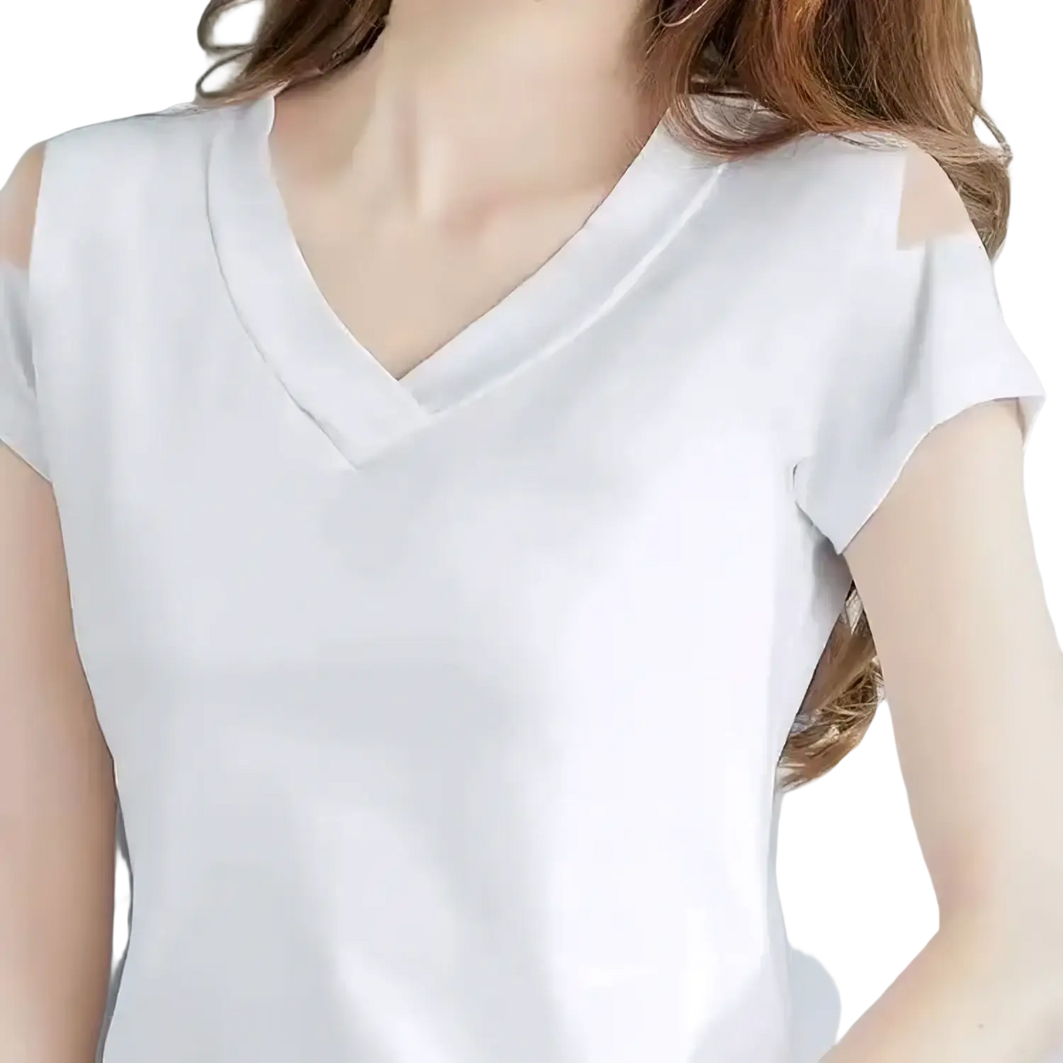 White women v-neck cold shoulder short sleeve tee featuring sheer shoulder cutouts and a soft fabric blend
