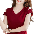 Women v-neck cold shoulder short sleeve tee in deep red with cut-out shoulder details, ideal for casual wear