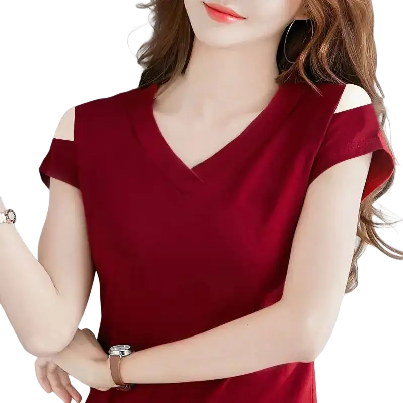 Women v-neck cold shoulder short sleeve tee in deep red with cut-out shoulder details, ideal for casual wear