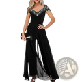 Women v neck elegant black off-the-shoulder jumpsuit with beaded v-neckline and sheer overlay panels