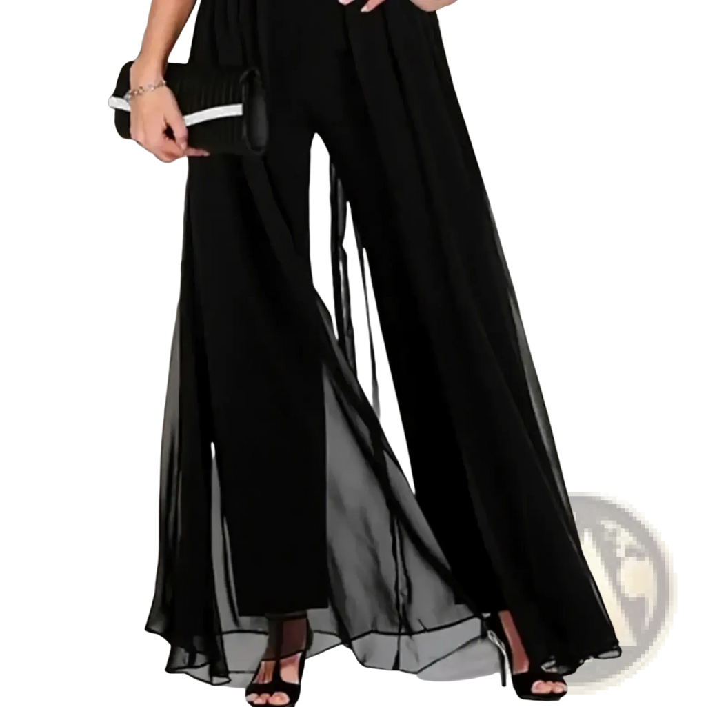 Women v neck elegant jumpsuit romper featuring black sheer chiffon wide-leg pants with layered flowing design