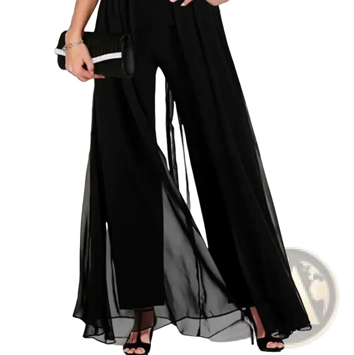 Women v neck elegant jumpsuit romper featuring black sheer chiffon wide-leg pants with layered flowing design