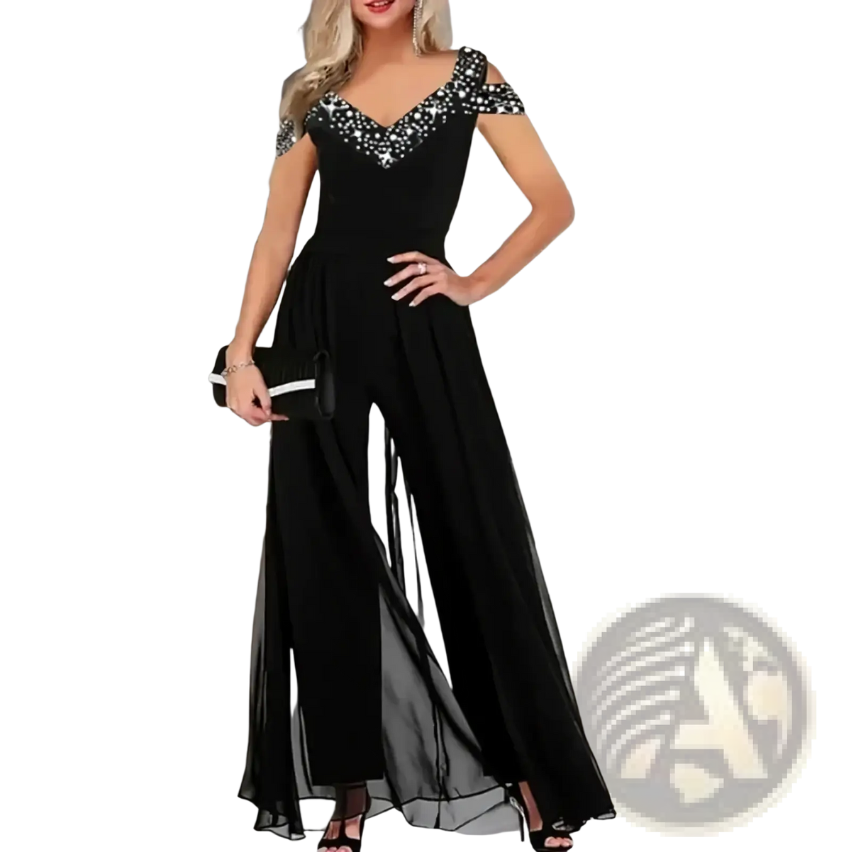 Black women v neck elegant jumpsuit romper with off-the-shoulder design, sparkling beaded neckline, and sheer overlay