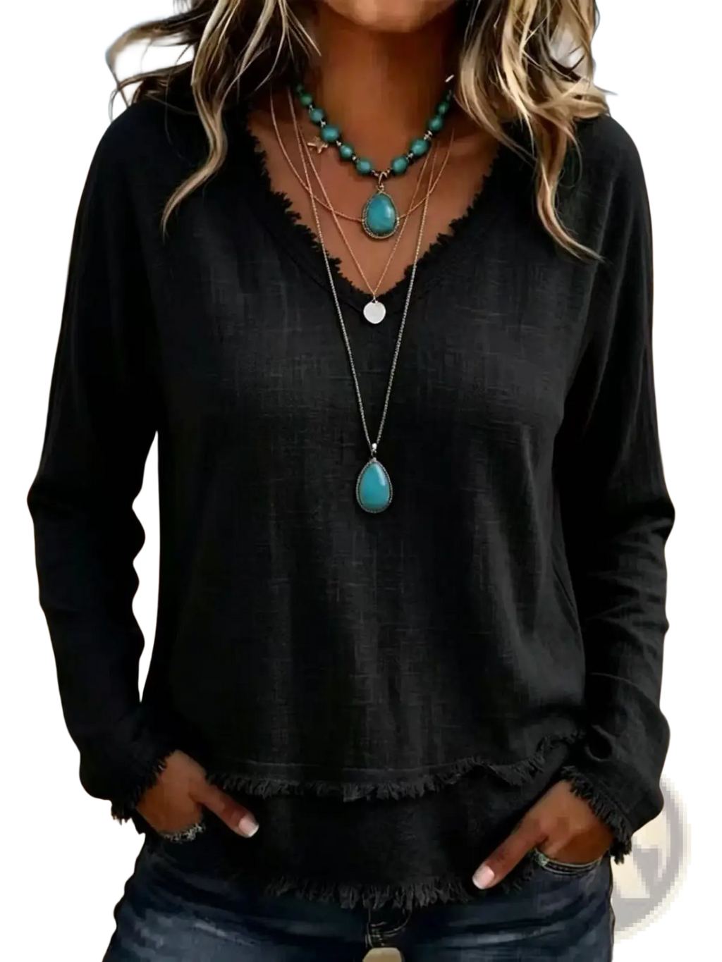 Women v-neck long sleeve black top with frayed hem made of comfortable fabric for casual wear