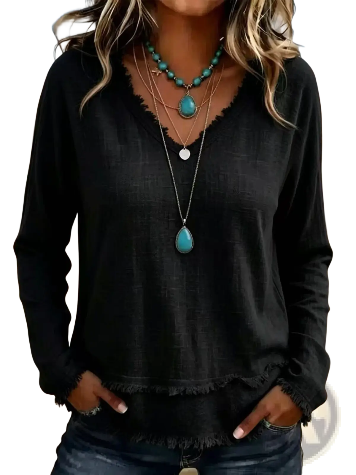 Women v-neck long sleeve black top with frayed hem made of comfortable fabric for casual wear
