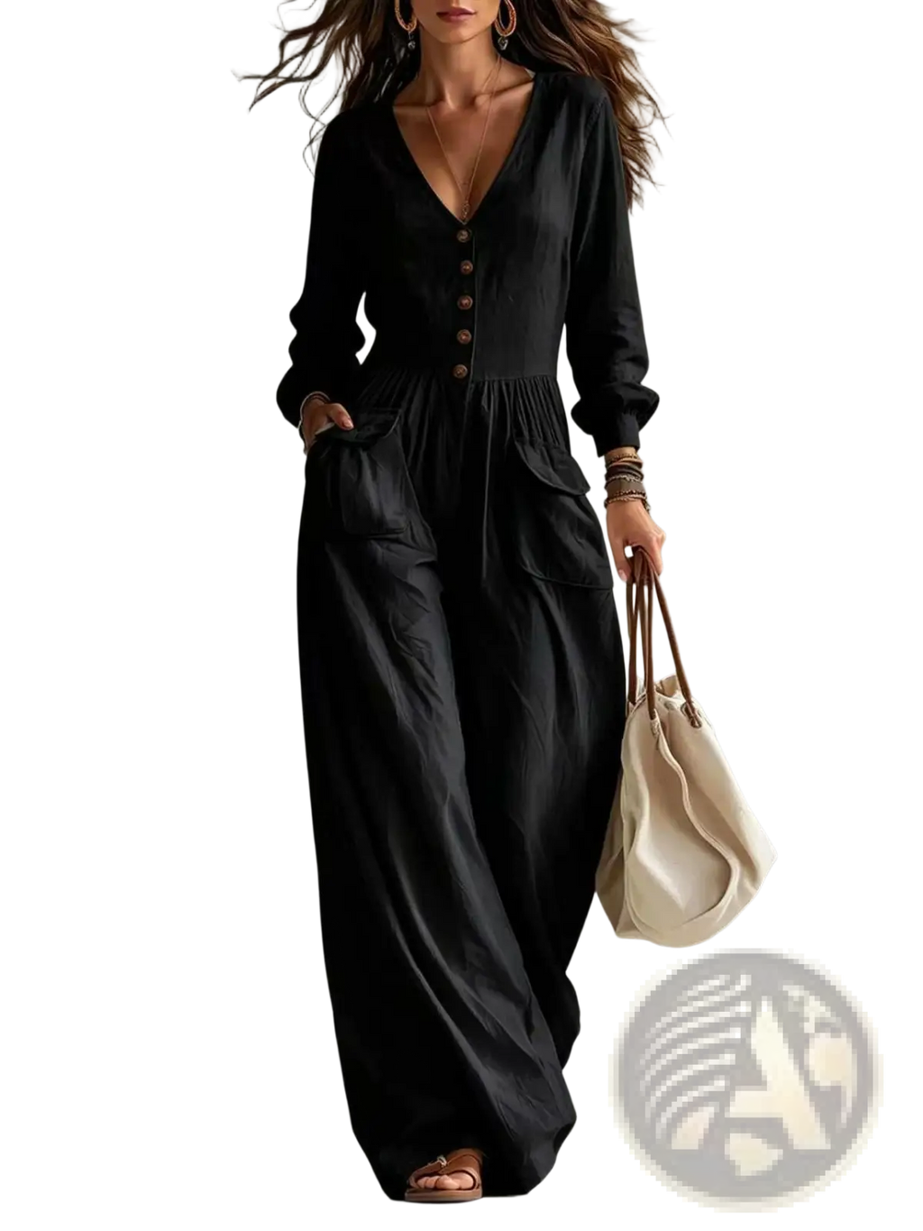 Black long-sleeve wide-leg jumpsuit with v-neck and button-front detail for women in soft fabric