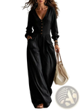 Black long-sleeve wide-leg jumpsuit with v-neck and button-front detail for women in soft fabric