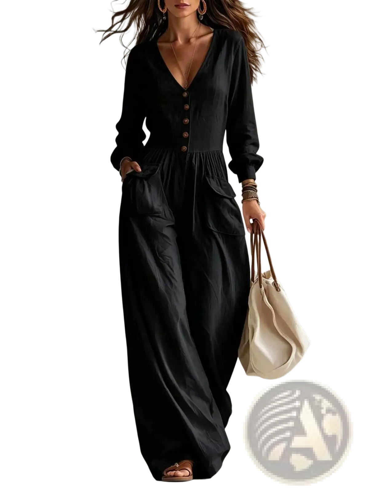 Black long-sleeve wide-leg jumpsuit with v-neck and button-front detail for women in soft fabric