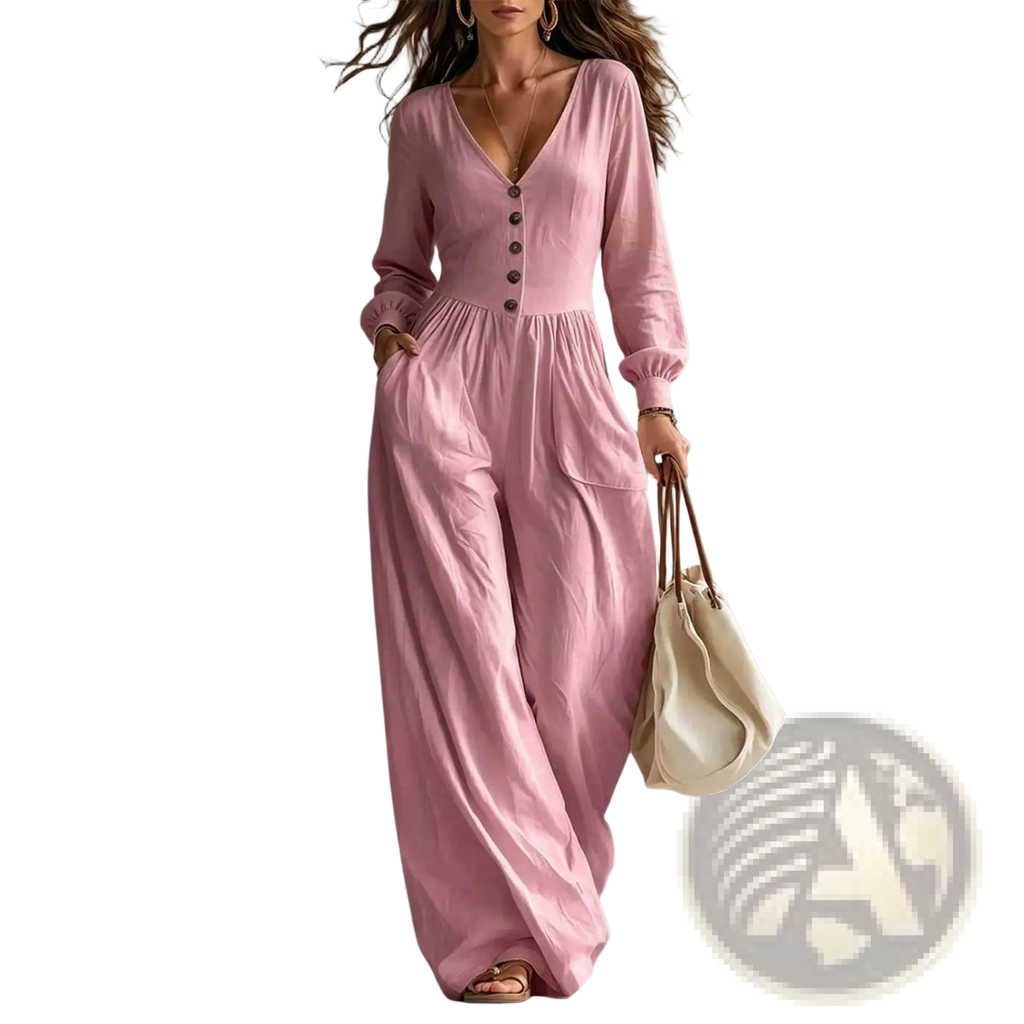 A soft pink women v-neck long-sleeve wide-leg jumpsuit with button closure and comfortable fabric