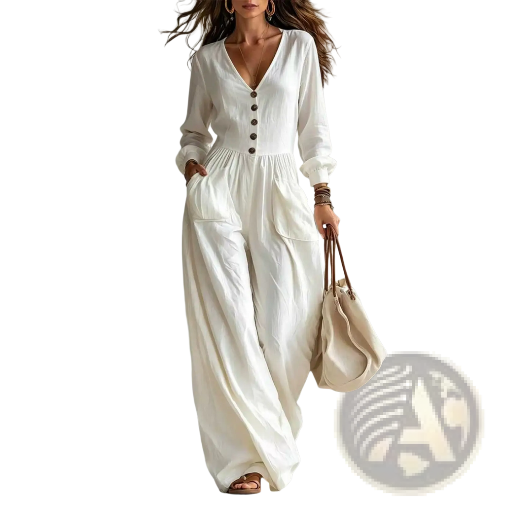 White linen women v-neck long-sleeve jumpsuit with button-front closure and wide-leg design