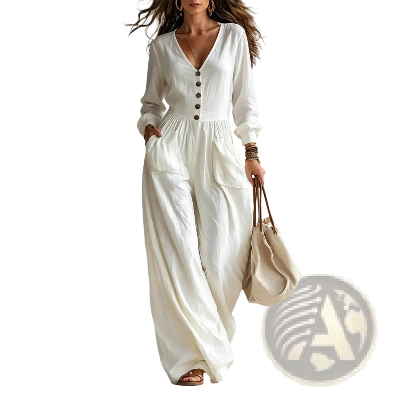 White linen women v-neck long-sleeve jumpsuit with button-front closure and wide-leg design