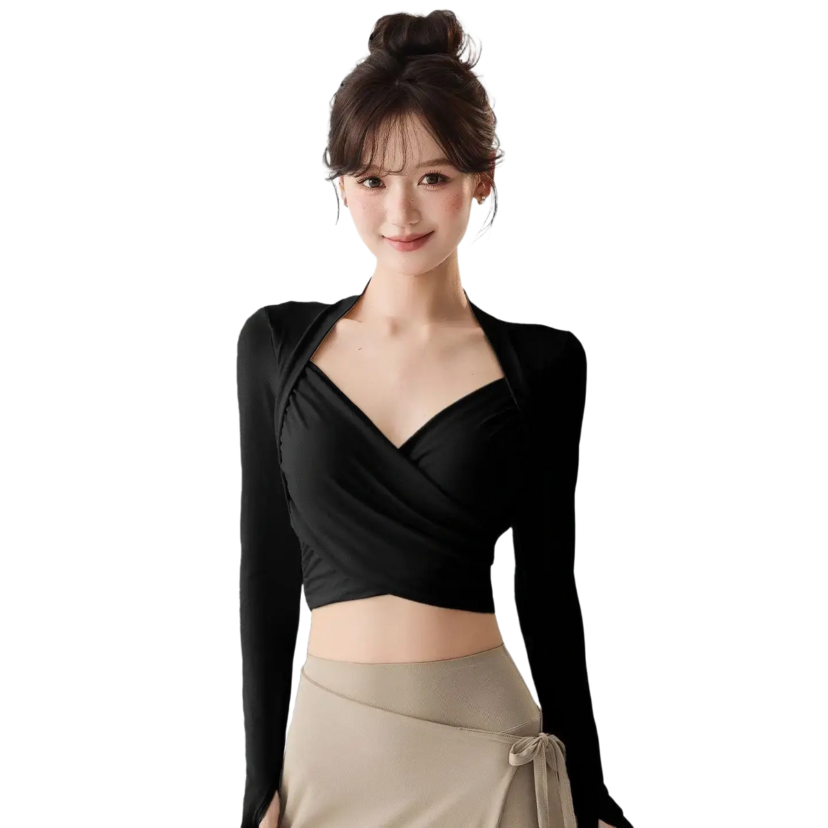 Black long sleeve wrap crop top with v-neckline and slim fit design for women yoga and activewear