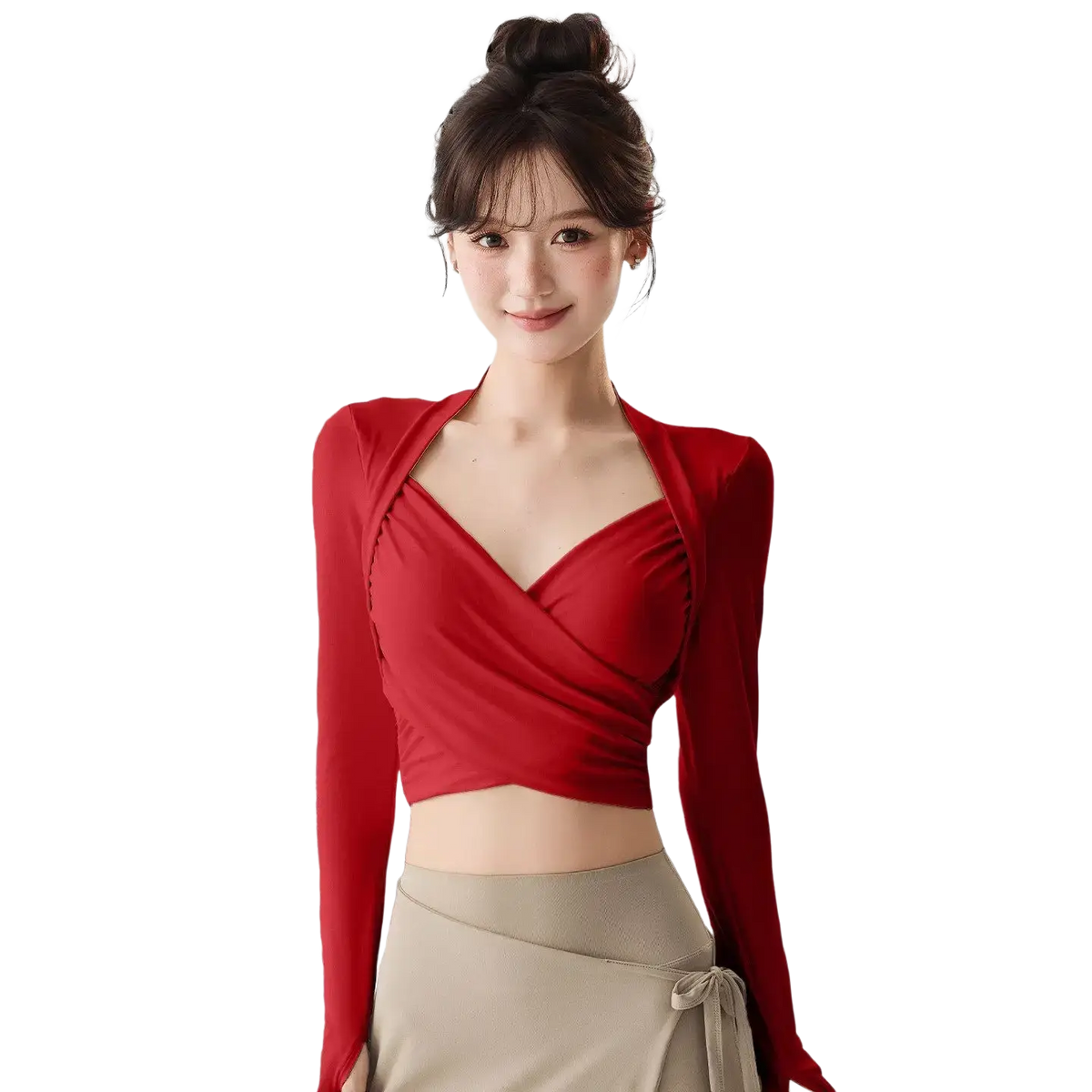 Red long-sleeved wrap crop top with v-neckline and ruched detailing featuring a slim fit design for yoga