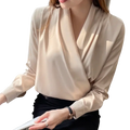 Beige satin blouse with a draped v-neckline and long sleeves for women in a stylish long sleeve top design