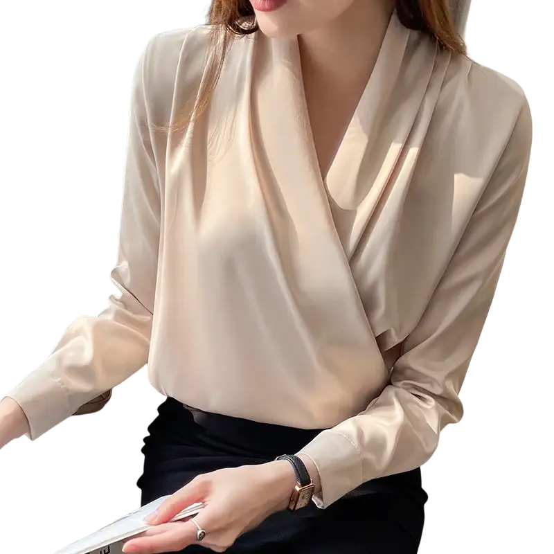 Beige satin blouse with a draped v-neckline and long sleeves for women in a stylish long sleeve top design