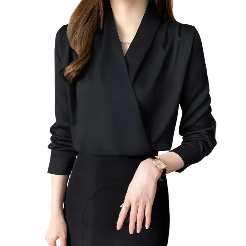 Black satin blazer with a v-neck and three-quarter sleeves for women in a satin blouse style top