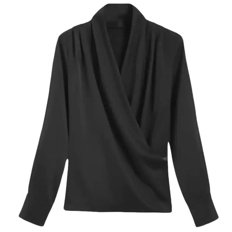 Women v-neck satin blouse long sleeve top in black with draped neckline and smooth fabric texture